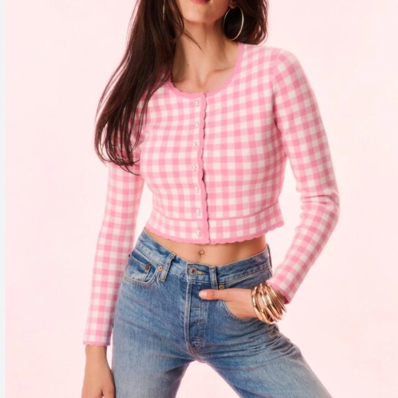 NWT LoveShackFancy Bridgette Checkered Knit Cardigan XSmall Pink Pearl Plaid - Picture 9 of 11